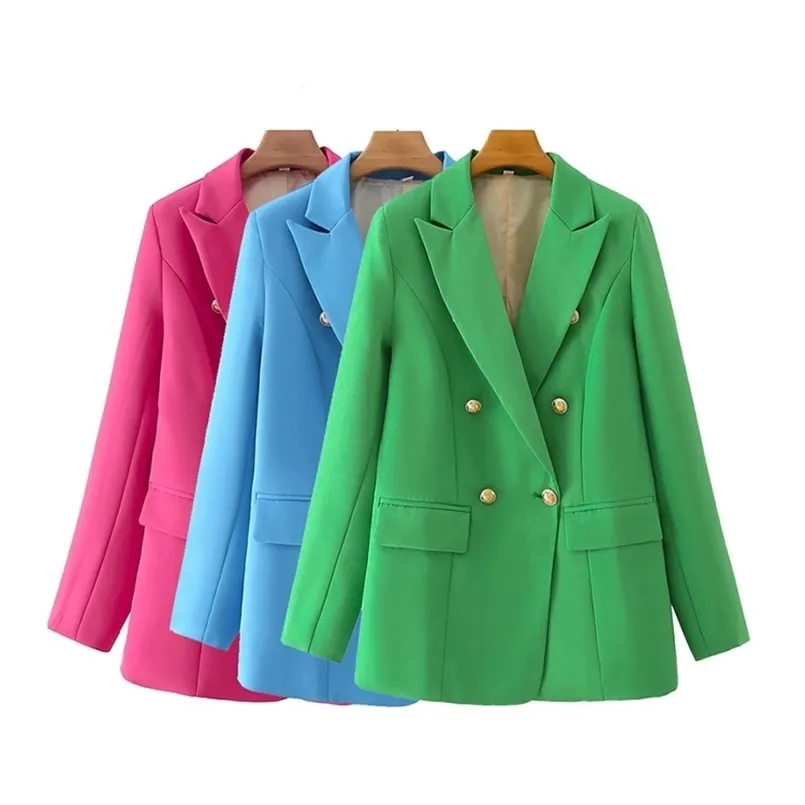 Women's Jackets TRAF Women Fashion Double Breasted Candy Color Blazer Coat Vintage Long Sleeve Flap Pockets Female Outerwear Chic Veste 220926