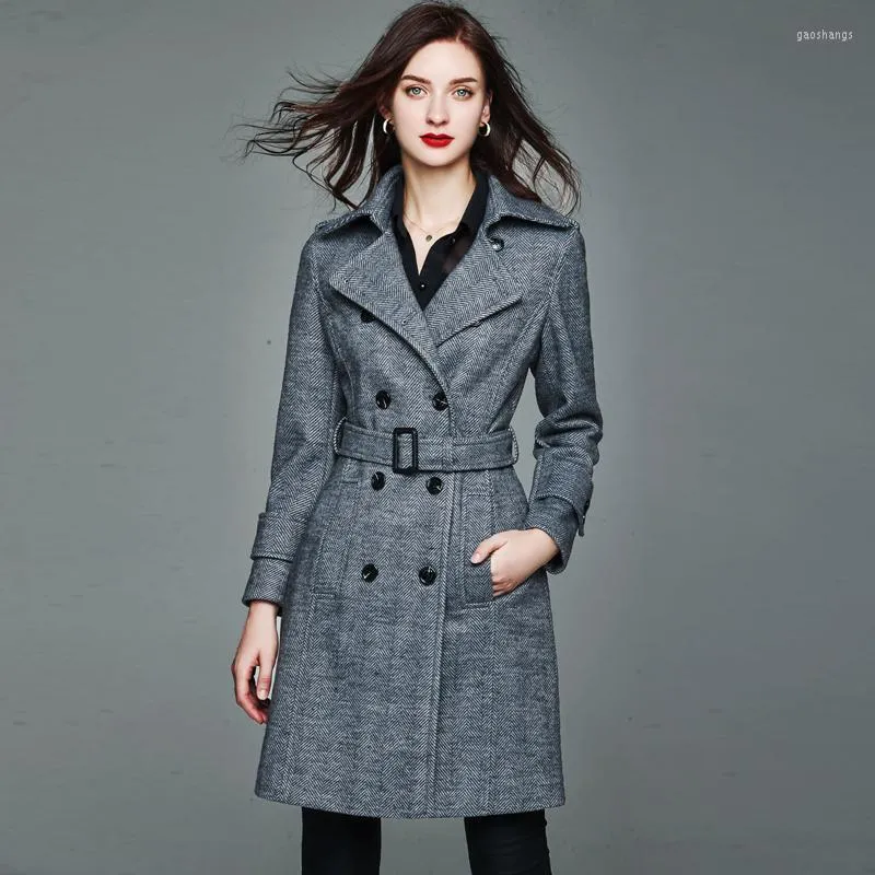 Trench da donna Cappotto da donna in cashmere gessato Cappotto da donna vintage slim doppiopetto elegante in lana femminile