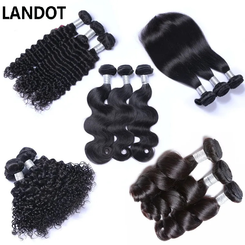 LANDOT Péruvien Malaisien Indien Brésilien Vierge Cheveux Humains Tisse 3/4/5 Bundles Vague de Corps Droite Lâche Profonde Crépus Bouclés Remy Cheveux Naturel Noir