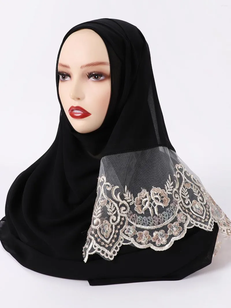 Этническая одежда Прибытие кружево хиджаб премиум -шарф шарф с твердый цвет мусульманские простые платки оберт
