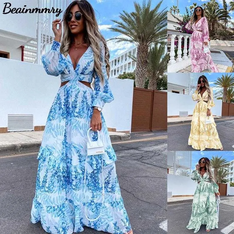 Casual Dresses Women Print Tunic Boho Dress 2022 Summer Sexig V-ringning Backless Hollow Out Lantern Sleeve Dress Female Club Party Long Dresses T220905