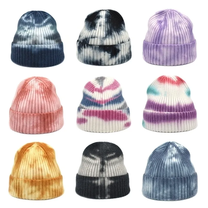 BeanieSkull Caps Wide Brim Hats Bucket Fashion Knitted Warm Autumn Winter Women Color Tie Dye Short Beanie Headwear Hip Hop Streetwear 220927