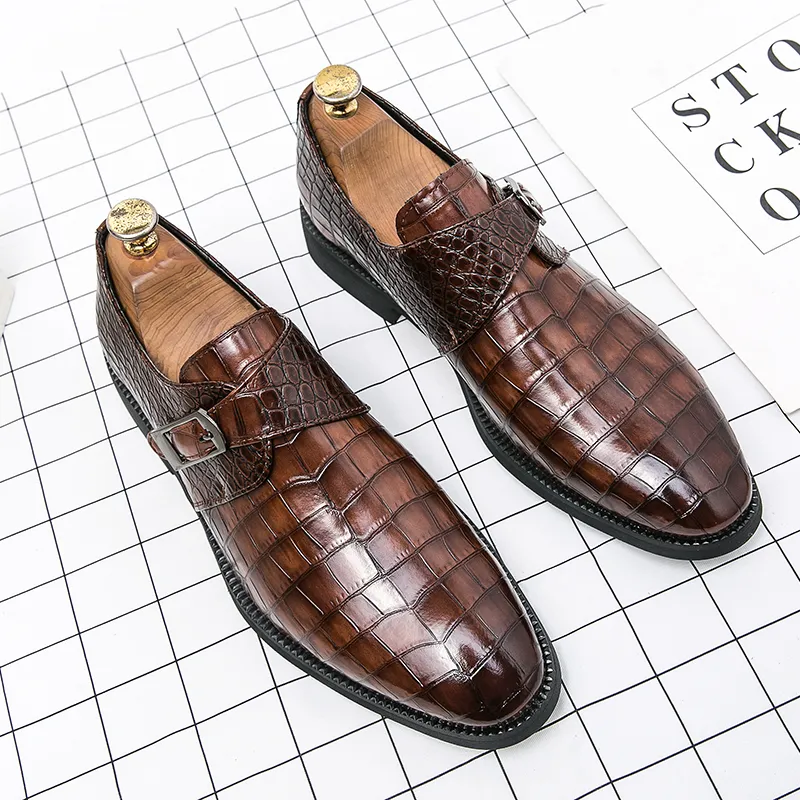 Kleur klassieke schoenen monnik mannen solide krokodil patroon pu puntig retro zijde buckle business casual bruiloft dagelijkse veelzijdige 29