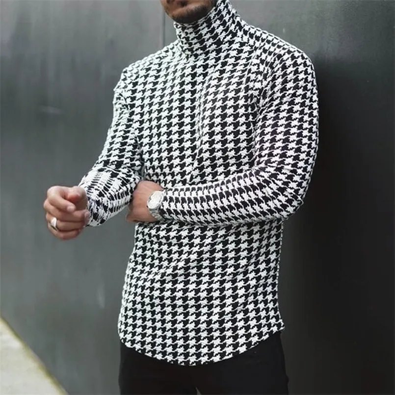 Męskie swetry moda Mężczyźni Turtleck z długim rękawem Houndstooth wydrukowane Slim Sweater Tops Casual dzianin zworka plus rozmiar Pull Homme#35 220926