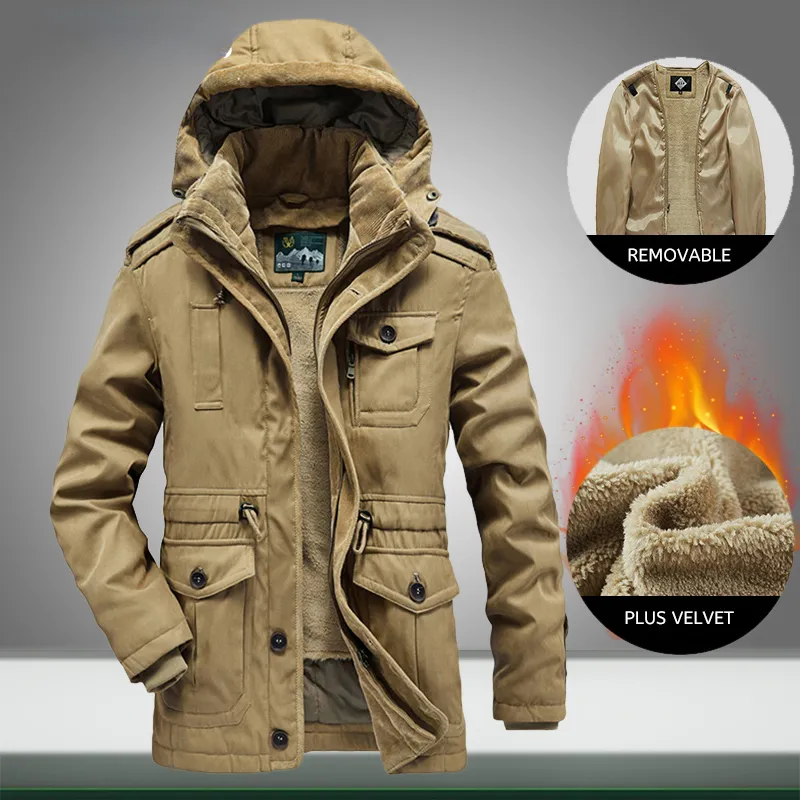 冬の男性パーカージャケット新しいカジュアルミリタリーアウトウェアコートメンズ太い暖かいベルベットウィンドブレイカーフード付きパッド付きジャケット服