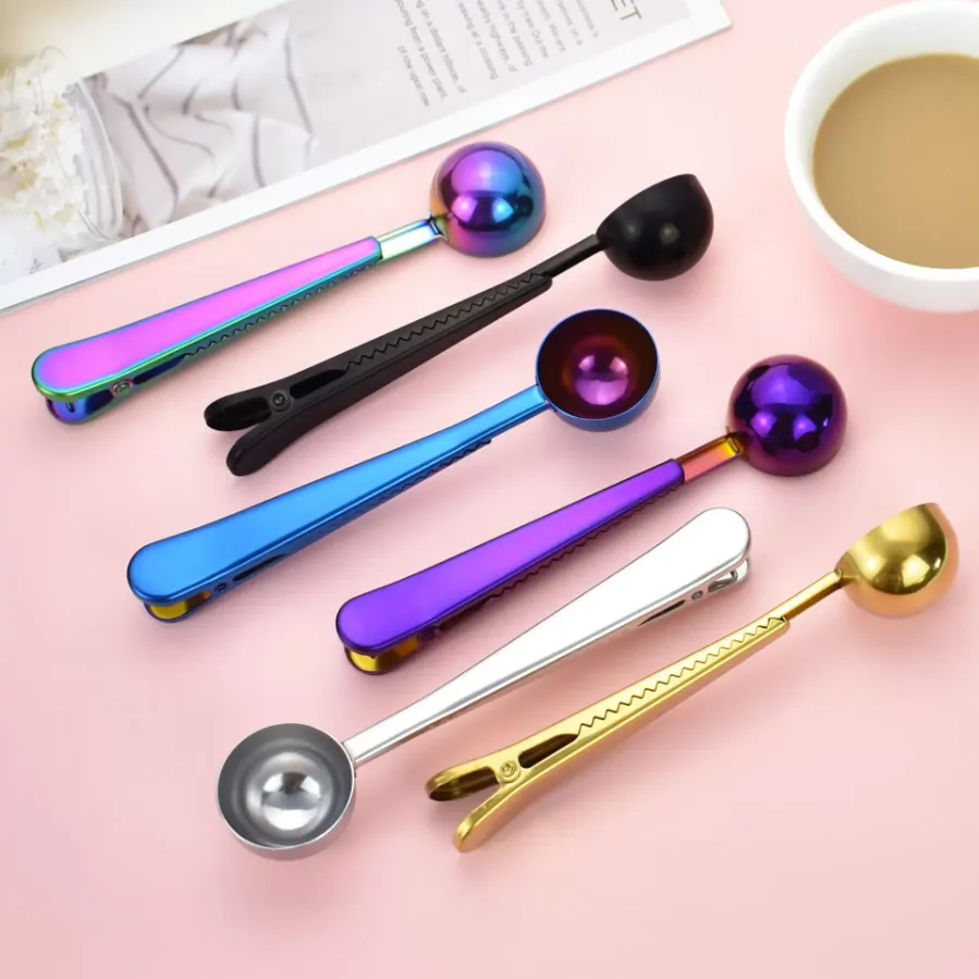 Cucchiaio dosatore per caffè in acciaio inossidabile con clip per sigillo di sacchetto Multifunzione Jelly Ice Cream Fruit Scoop Cucchiaio Accessori da cucina P0927