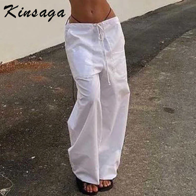 Calças femininas Capris White Y2K perna larga de perna larga calças de carga de cordão de cordão de empurring bolso vintage baixo as pernas largas calças de moletom finas do jogador hippie do hippie 90s T220926