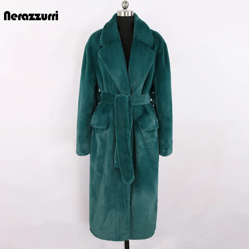 Femmes Fourrure Fausse Fourrure Nerazzurri Hiver Long Vert Chaud Doux Lâche Moelleux Fausse Fourrure Manteau Femmes Ceinture Revers Élégant De Luxe Designer Mode Coréenne 220927