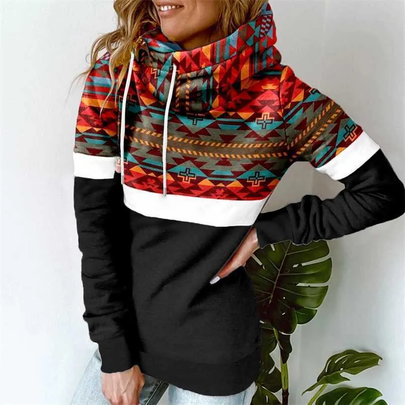 Women's Hoodies Sweatshirts Women's Geometric Pattern Warm Scarf Neck Hoodie Pullover Vintage Western Ethnic Style Aztec Print Drawstring Hooded Sweatshirt 220926