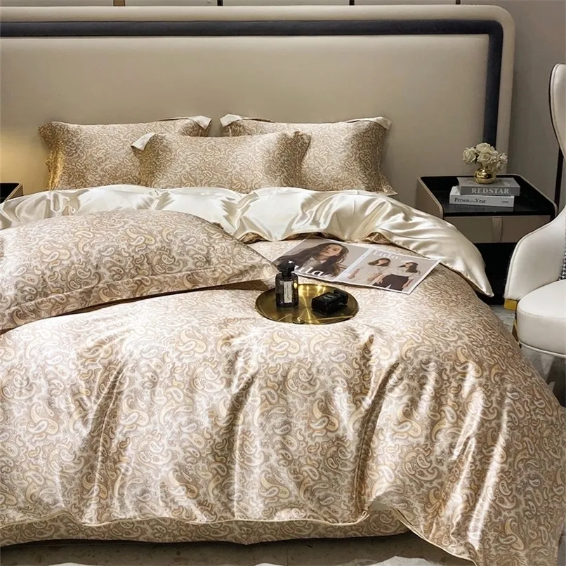 Yatak Setleri Çiçek Baskılı Mulberry İpek Karıştırma Yatak Seti Lüks Saten Saten Silky Nevresim Seti Saclarla Yüksek Yatak Yatak Setleri 220924