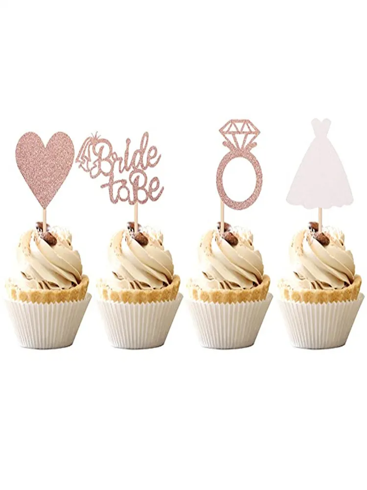 Décoration de fête 4 pièces ensemble Bride to Be Cupcake Toppers avec anneau de coeur robe nuptiale douche sélections mariage fiançailles Bachelorette fête décorations de gâteau