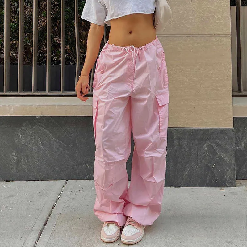 Women's Pants Capris 2022 Solid Loose Drawstring Trousers Low Waist Streetwear Joggers Baggy Wide Leg Sweatpants Hippie Pink Cargo Pants Y2K Clothing T220926