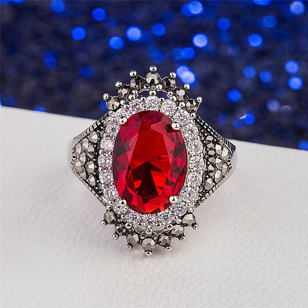 Vintage Rouge Bleu Strass Réglable Bague De Fiançailles Femmes Cristal De Luxe Rétro Cuivre Plaqué Thai Argent Doigt Bijoux Femme Accessoire De Mariage