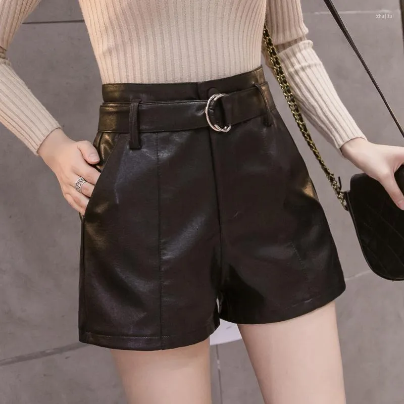Short femme femme 2022 automne hiver noir PU Faux cuir Vitnage ceintures poches taille haute jambe large pantalon Mujer