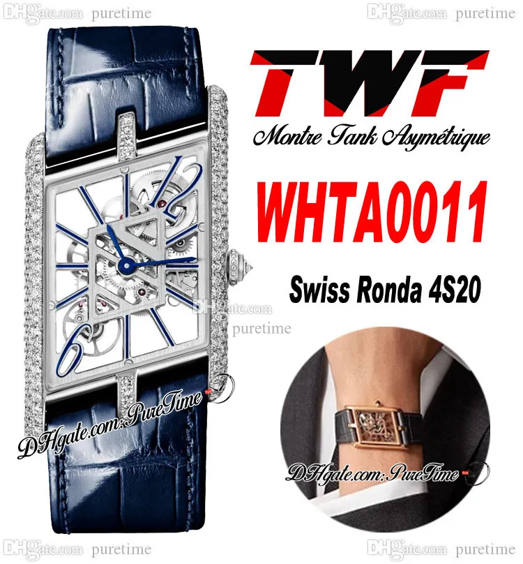 TWF WHTA0011 Zwitsers Ronda 4S20 Quartz Unisex Watch Montre Asymetrique Mens Ladies Watches Diamonds Case Skeleton Dial Blue Leather Dames Super Edition Puretime C3