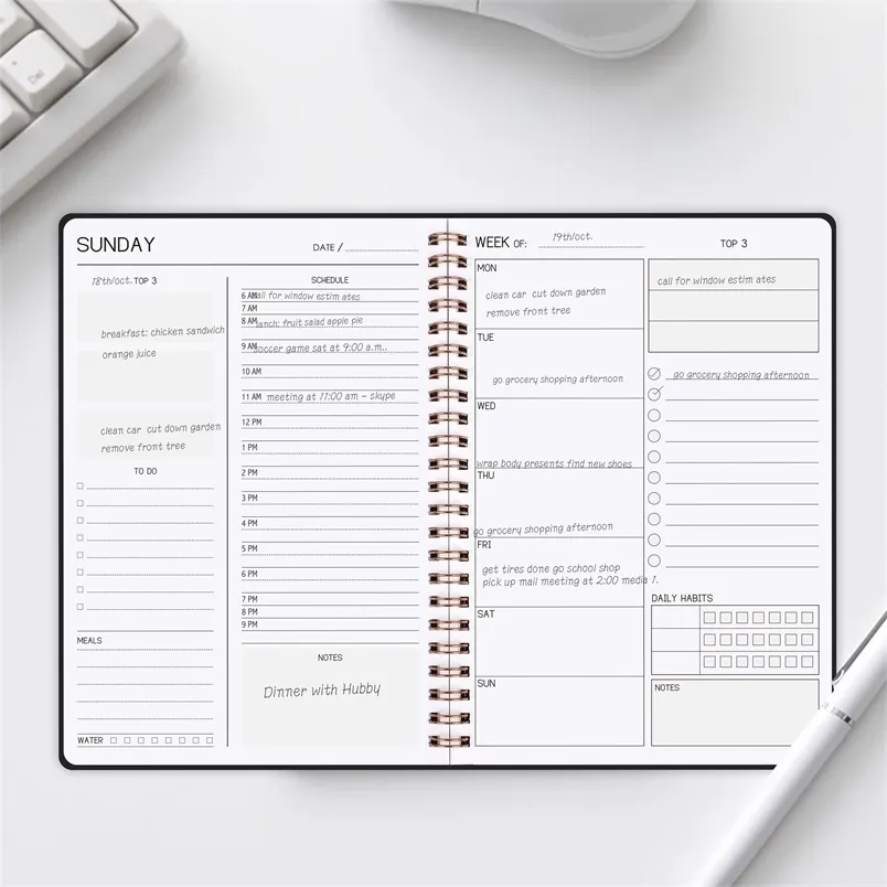 Notepads غير مؤرخة اليومية Weekly Planner Notebook كل ساعة الجدول الزمني لمنظم SPORTAL SPORAL TO DO DO SILE مع أولويات TRATION العليا 220927