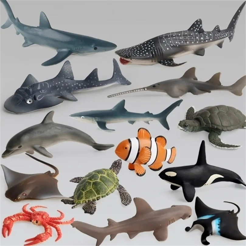 Anime Manga Ocean Sea Life Simulation Animal Model Set Shark Whale Turtle Crab Dolphin Action Toys Figures Kids Eonal Collection Gift 220923