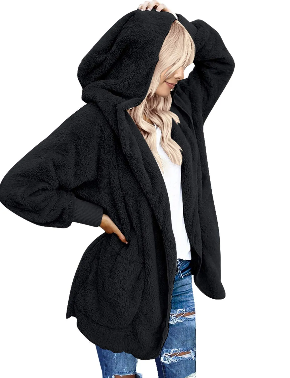 ￜbergro￟e Jacken f￼r Frauen offen vorne mit Kapuze mit drapierten Taschen Strickjacke Mantel