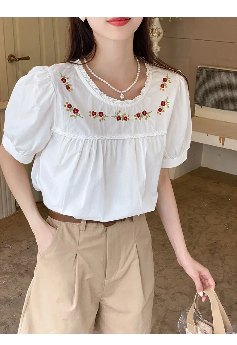 Women's Blouses Cute Sweet Girls Japanese Style Women Tops Blusas Casual Solid Red Flower Embroidery Retro Vintage Yellow White Cotton