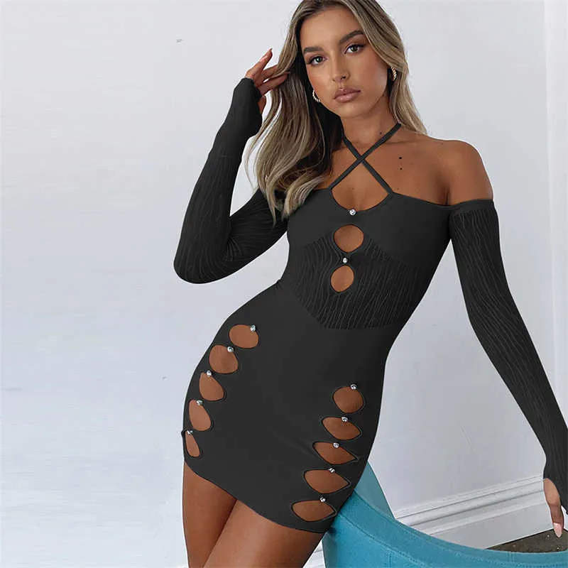 Casual Dresses WJFZQM Halter Rückenfrei Langarm Figurbetontes Kleid Diamanten Mesh Patchwork Hollow Out Schwarz Sexy Club Mini Party Kleid Frauen 2022 T220905