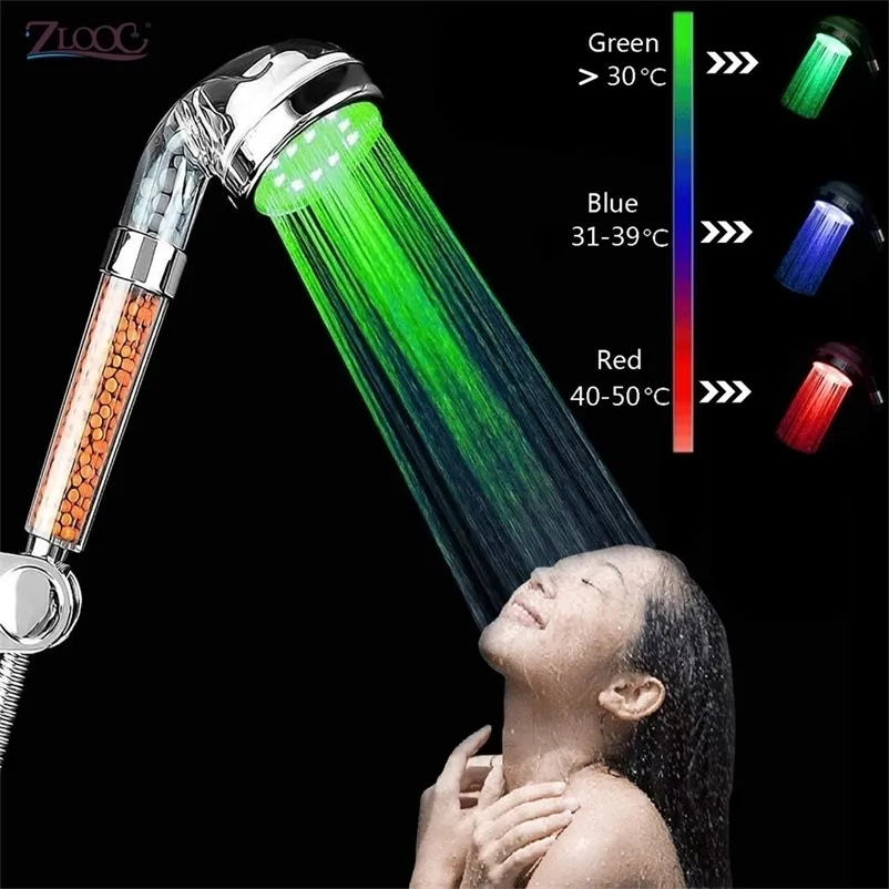 Pommeaux de douche de salle de bain Zloog 3/7 Changement de couleur LED Capteur de température Handheld Mineral Anion Spa Filtre à haute pression 220927