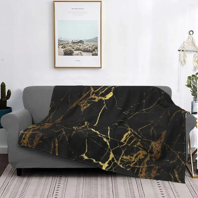 Filtar Svart och guld marmorstruktur Velvet Spring Autumn Nordic Style Super Soft Throw Filt för soffa resor som är överlag