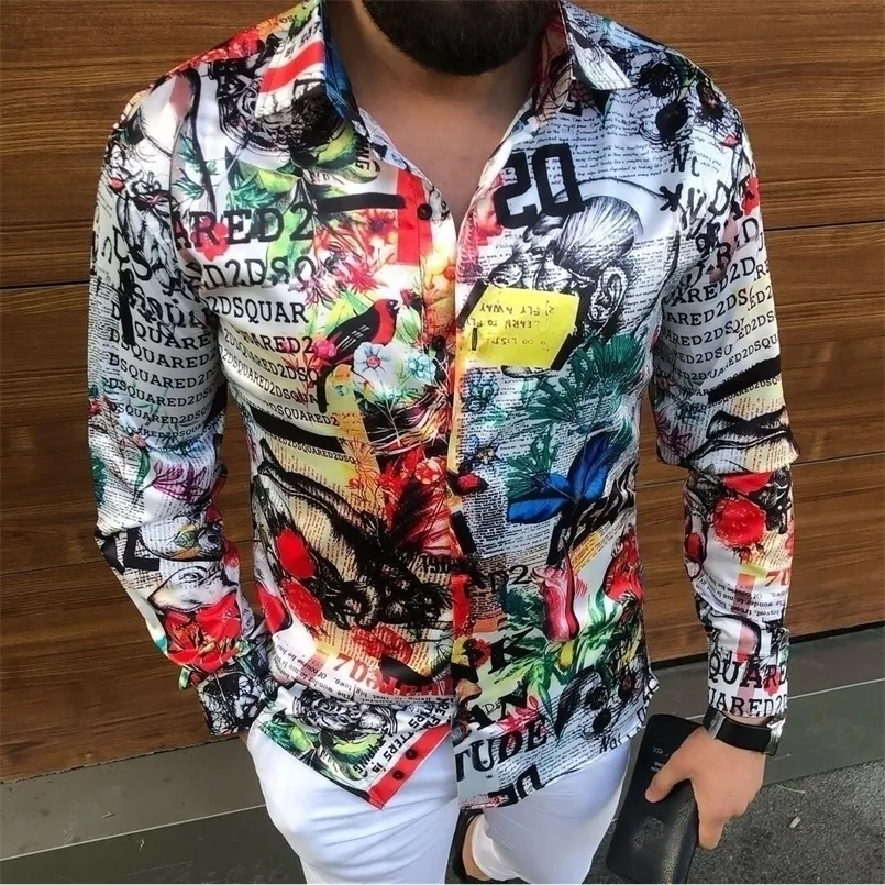 Men's Casual Shirts Men Letter pattern texture print long sleeve casual shirt 220926