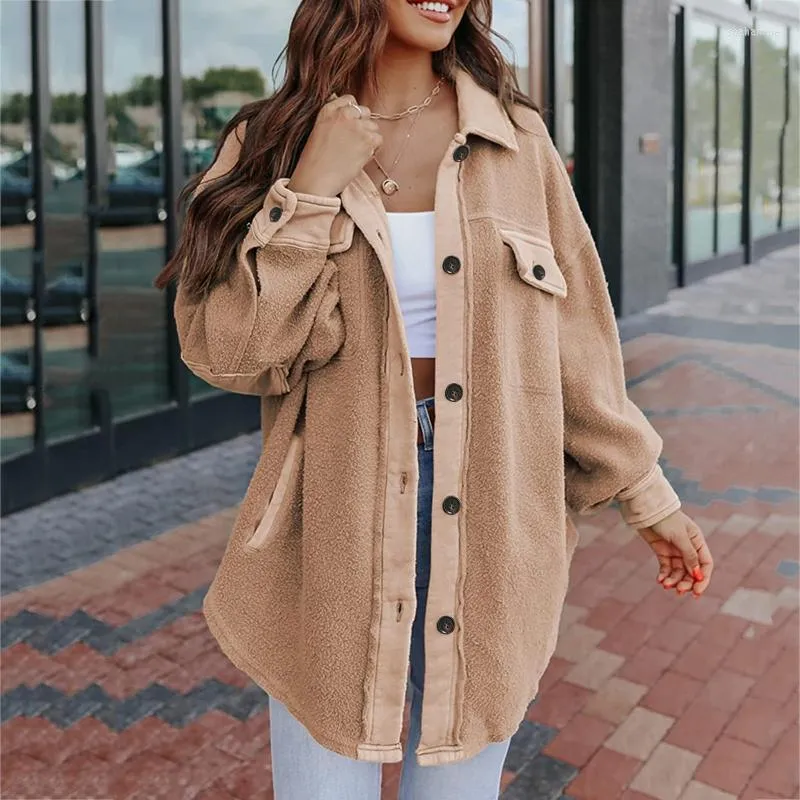 Kvinnans jackor Kvinnor 2022 Kvinnor Autumn Winter Fashion Flannel Borsted Coat Loose Long Sleeve Casual Ladies Solid Lapel Jacket #T2G