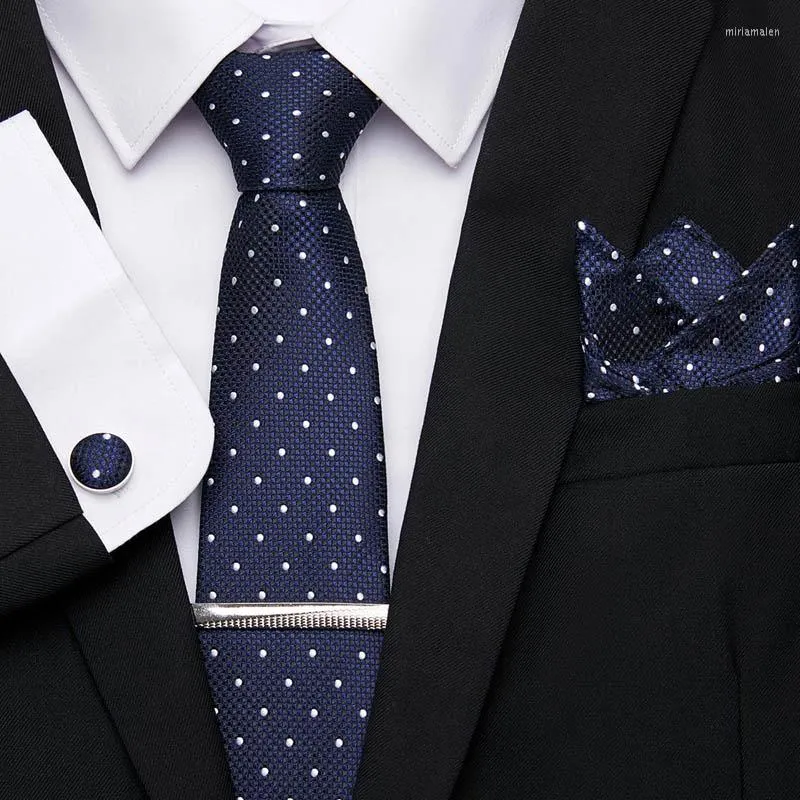 Bow Ties Men's Blue Stripe/Dot Nathtie Jacquard Woven Silk Cufflinks Tie Clip Handduk Set Present M￤n Tillbeh￶r