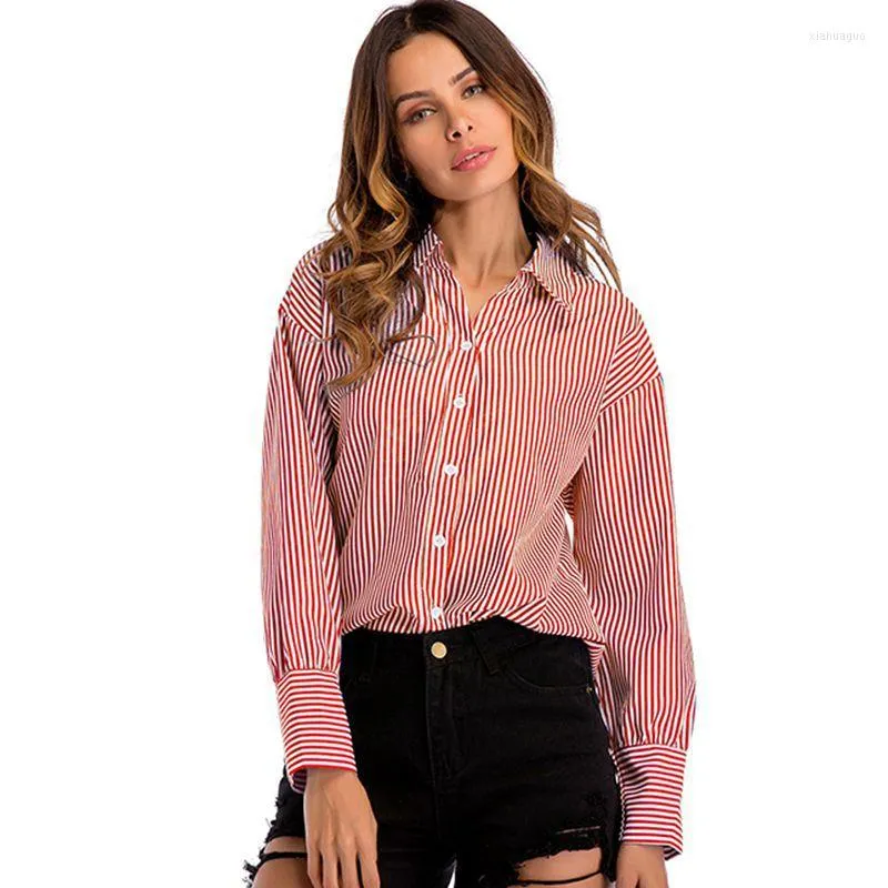 Kvinnor BLOUSES 2022 Vår- och höstkvinnor Loose Casual Striped Shirt All-Match stor storlek långärmad knapp upp Red Tops Office