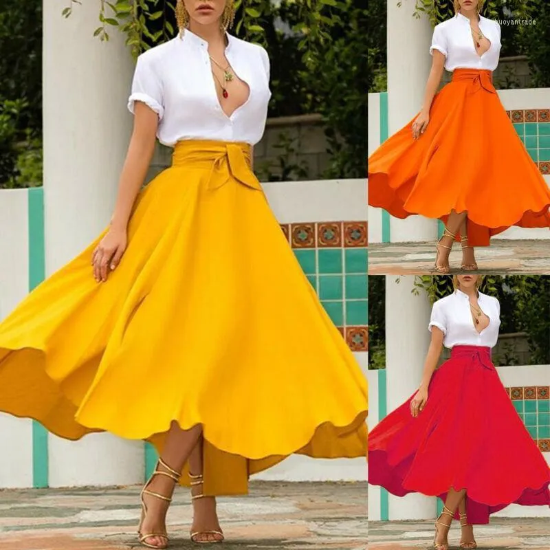 Jupes Femme Couleur unie Taille haute Jupe trapèze Mode Mince Nœud Ceinture Plissé Longue Maxi Rouge Orange Jaune