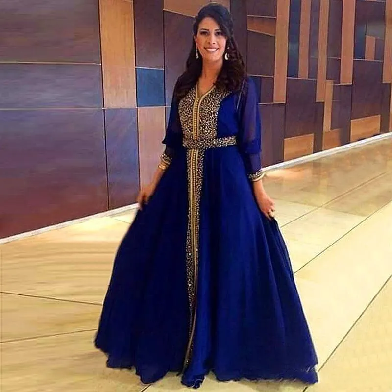 Royal Blue Marokkaanse kaftan avondjurken kralen chiffon een lijn formele feestjurken lange mouwen lange mouwen kalkoen Arabische kafic prom jurk voor vrouwen