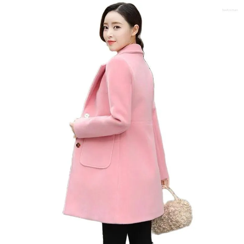 Frauenwolle mit angehender Wolljacke Frauen mittenlang koreanischer Mod Spring und Herbst 2022 Dicker Mantel Frau Pink Yellow 1108