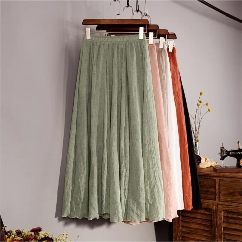 Skirts Cotton Linen Maxi Skirt Women Spring Summer Elastic Waist Vintage Solid Pleated Long Skirts Mori Girl Boho Beach Skirt QH1755 220924