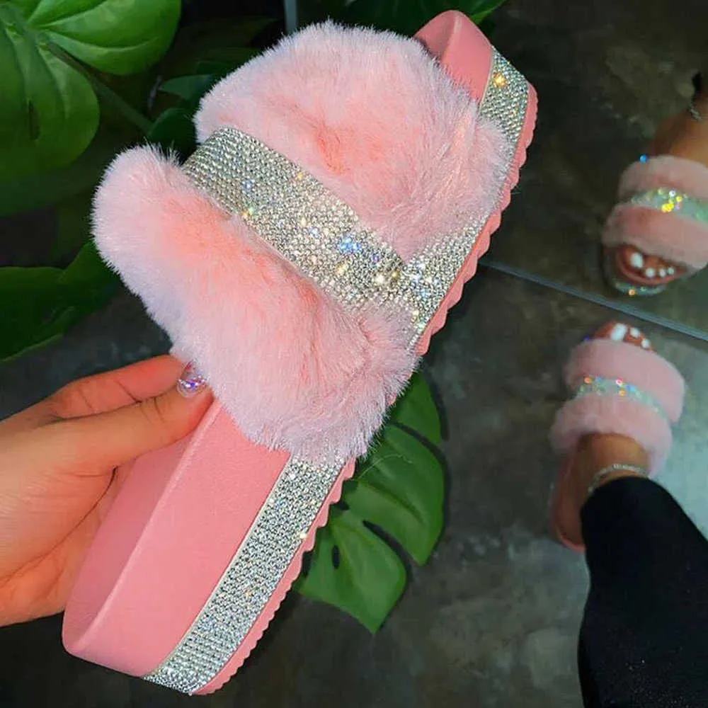 Slippers Summer Slippers Женщина из искусственного меха слайды страза с пушистыми розовыми туфлями Pantufas de Pelucia de Bi Пушистые ползунки плюс T220926