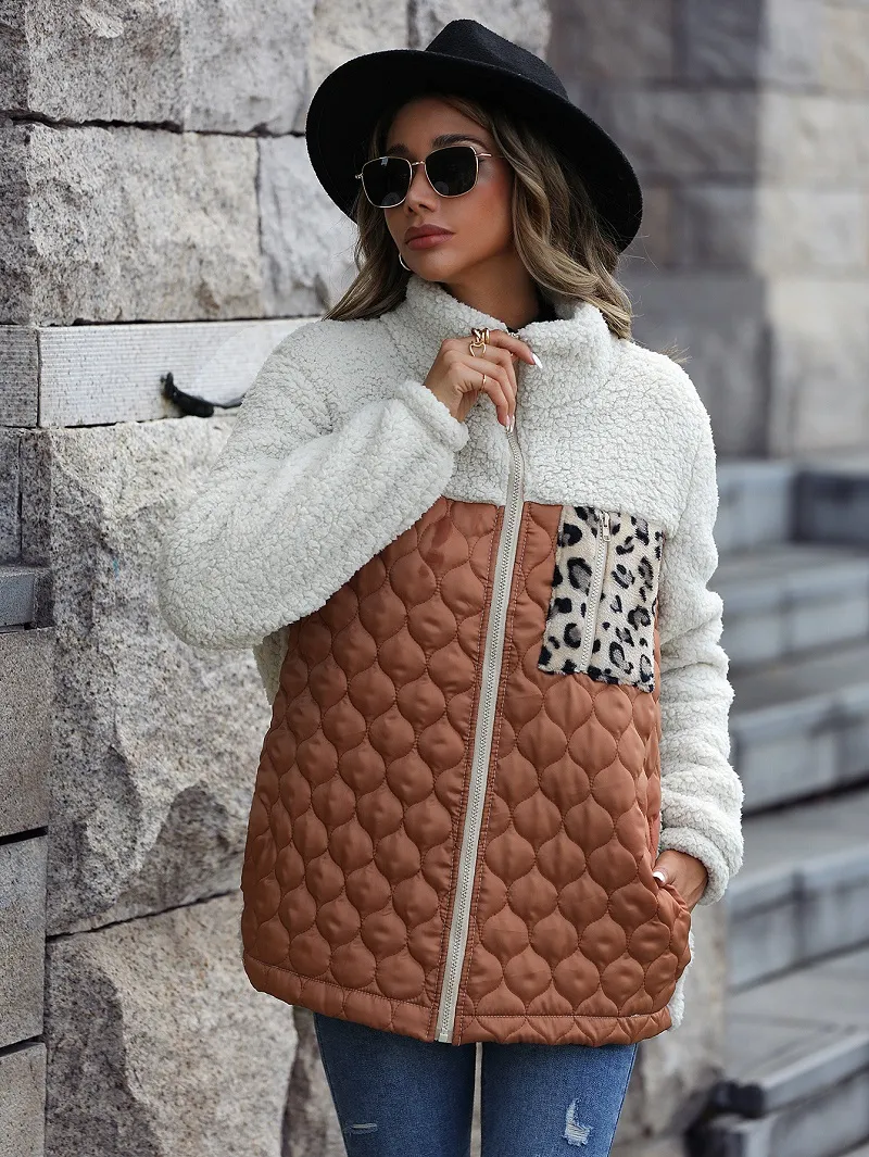 Giacca invernale calda per donna Moda manica lunga allentata Colletto alla coreana Cappotto in pile patchwork leopardato Capispalla femminile