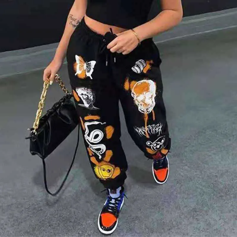 Calças femininas Capris Mulheres Sweat Pant Harajuku Butterfly Skull Troushers Troushers Palnta de carga de corrida de rua solteira Autumn Winter Swinter Sortpant T220926