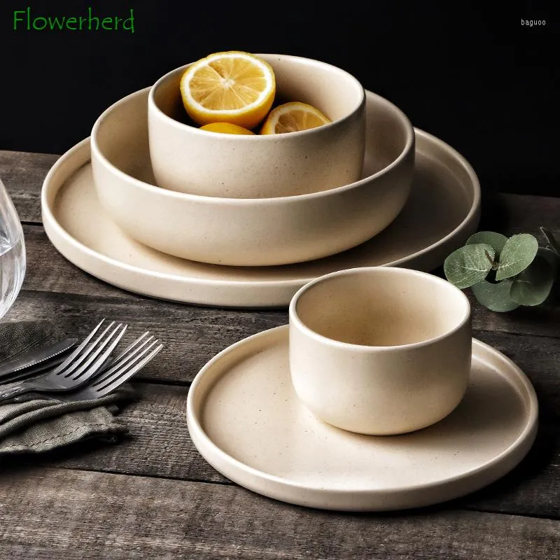 Dinnerware Sets Coarse Pottery Sesame Glaze Tableware Set Matte Frosted Ceramic Dinner Plate Rice Bowl Cabbage Soup