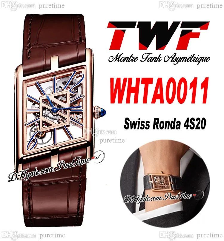 TWF WHTA0011 Swiss Ronda 4S20 Orologio al quarzo unisex Montre Asymetrique Orologi da donna da uomo Quadrante scheletro in oro rosa Pelle marrone Donna Super Edition Puretime D4