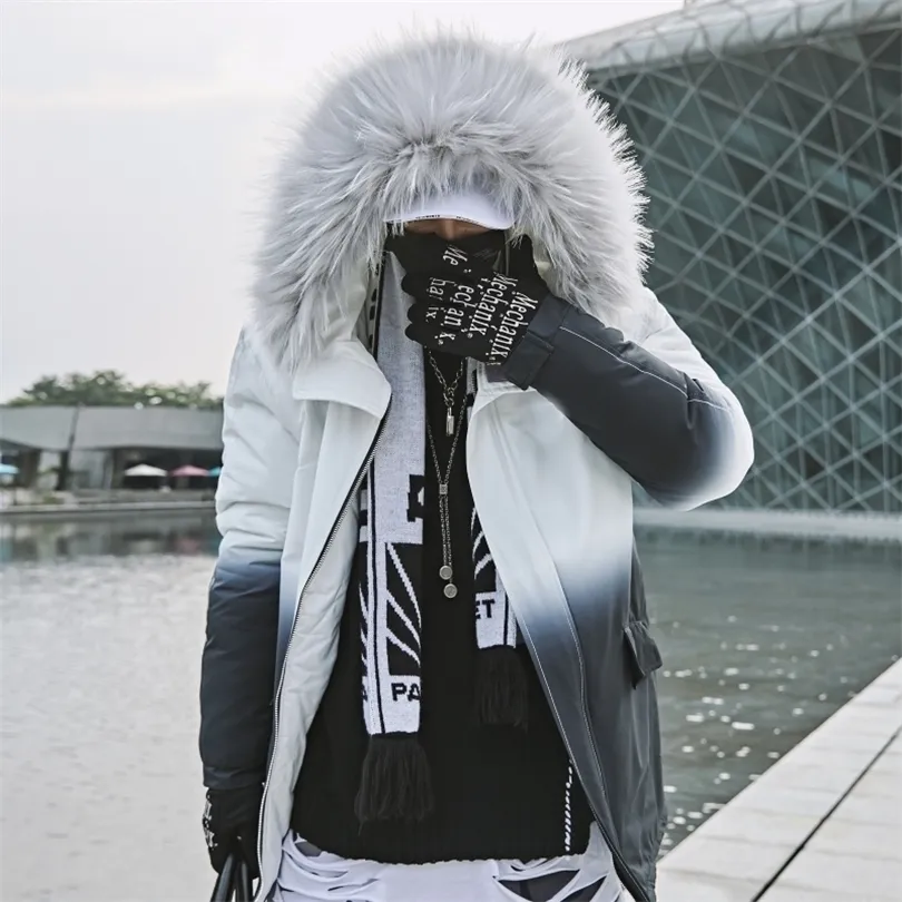 Hommes Down Parkas Hiver Chaud Dégradé Parkas Hommes Femmes Streetwear Épais Vestes Manteau Mode Harajuku À Capuche Col De Fourrure Manteaux 220927