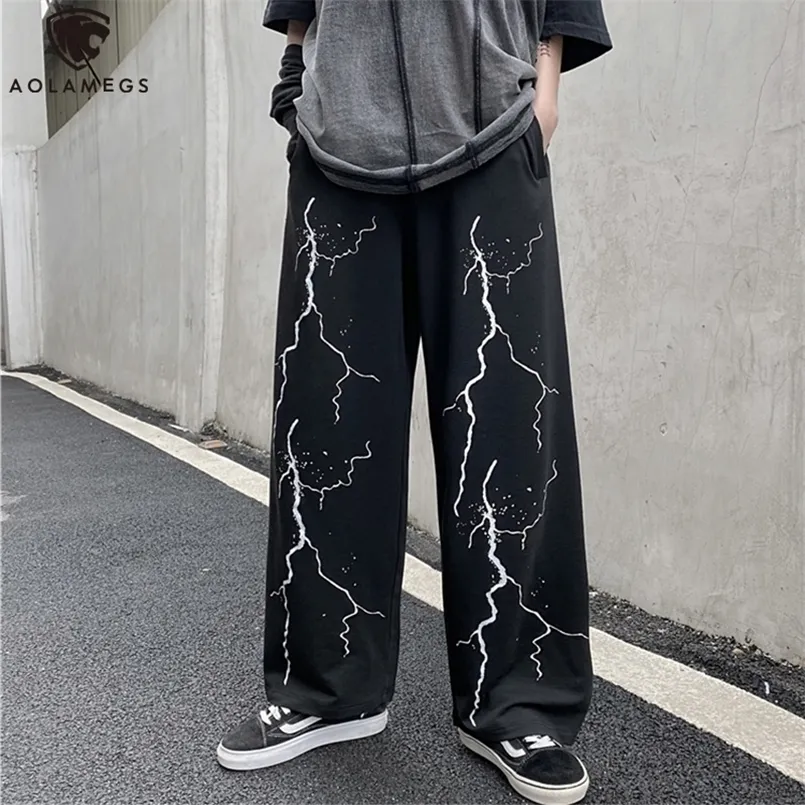 Herrsp￥rar Aolamegs Lightning Skeleton Print Gothic Pants M￤n Lose Casual Wide Leg Trousers High Street Cool Sweatpants Par Streetwear 220926