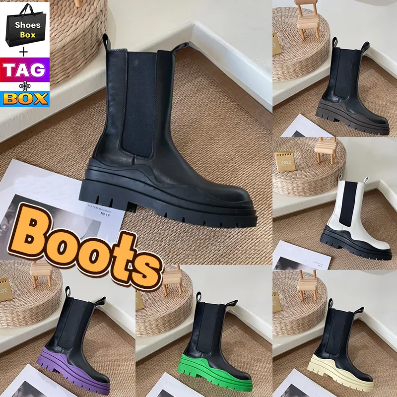 Venetas Men Boots Women Half Knie Boots met dikke zolen Band Chelsea Platform Heren Bootjes Lederen vrouw Schoen rubber ronde teen Anti-slip Triple zwart ebbenhouten opgestart