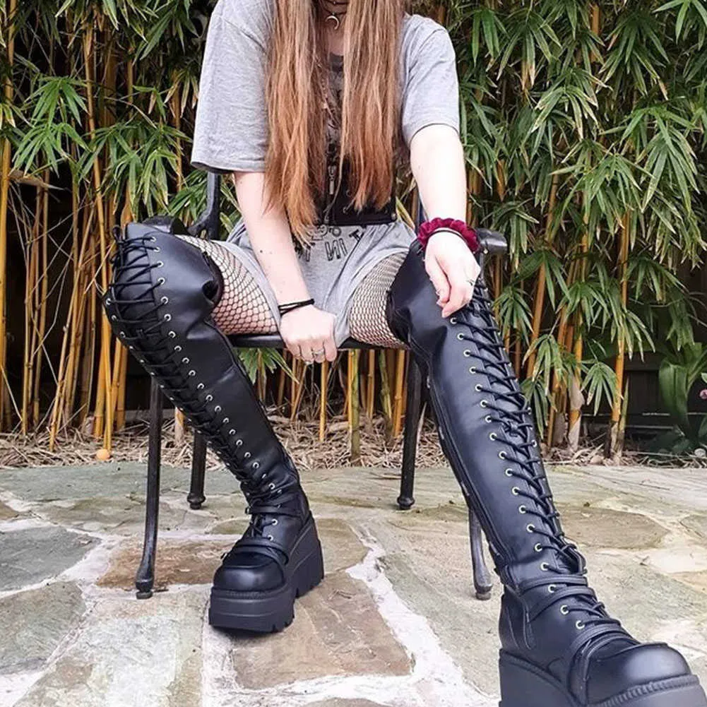 Bottes 2021 Gothique Punk Mode Femmes Cuissardes Compensées Talons Hauts Plate  Forme Sur Le Genou Bottes Femme Rue Cosplay Automne Chaussures T220926 Du  26,36 € | DHgate