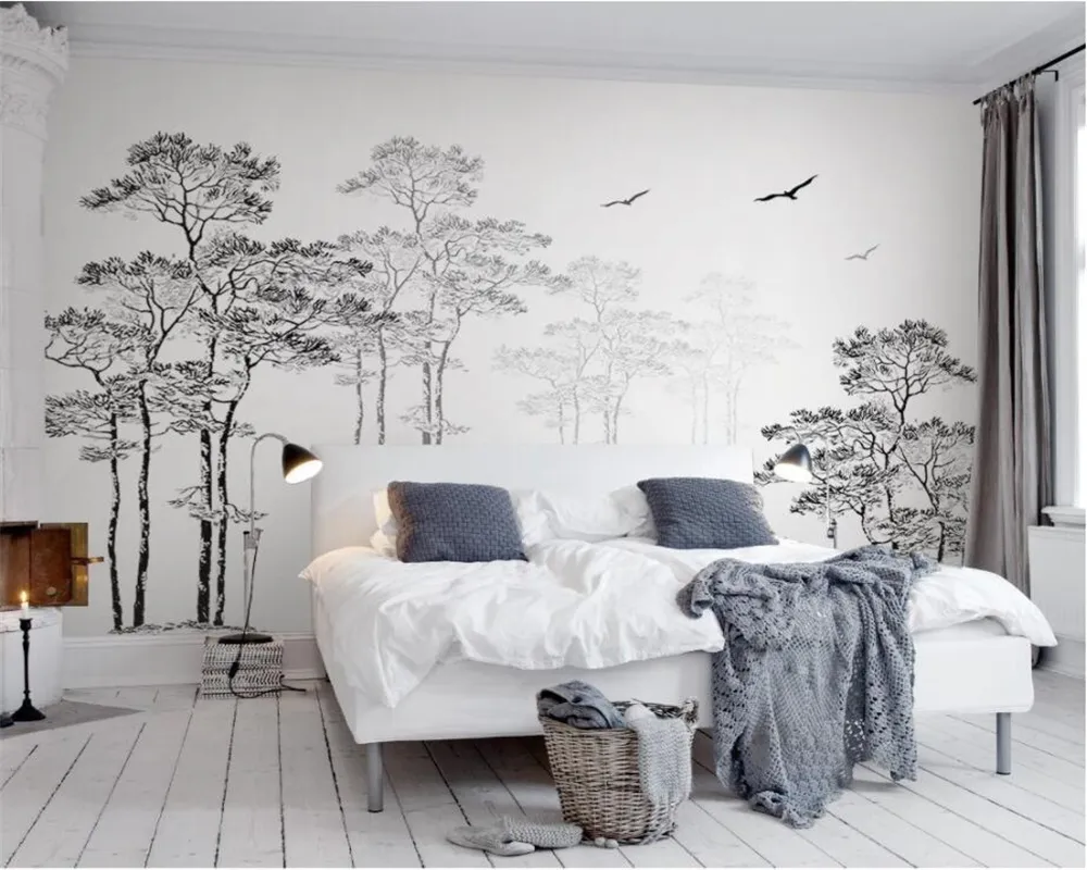 Fonds d'écran Personnalisé Papier Peint Décoratif À La Maison Murale Noir Blanc Croquis Abstrait Arbre Volant Oiseau TV Fond murs 3d papier peint Beibehang 220927