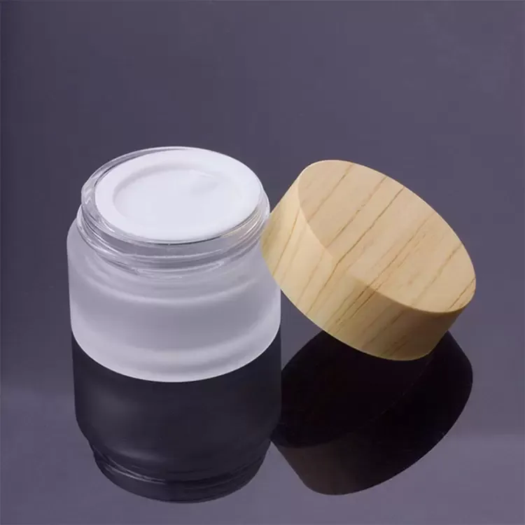 luxury Face Eye Cream Bottle Frosted Glass Cosmetic Jar 5ml 10ml 15ml 30ml 50ml 100ml Skincare Storage Packaging with Wood Grain Cap