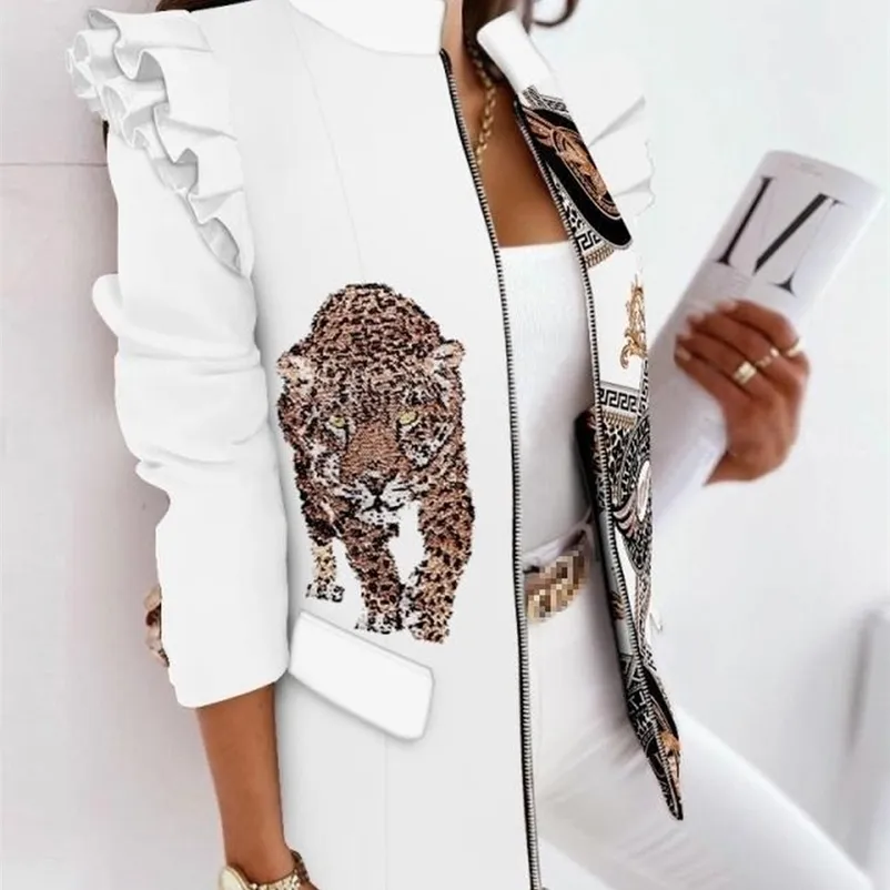 Damenjacken, bunte Blazer-Jacke für Damen, Leopardenmuster, gerüscht, langärmelig, Reißverschluss, bedruckt, Anzugkleidung für Damen-Blazer 220926