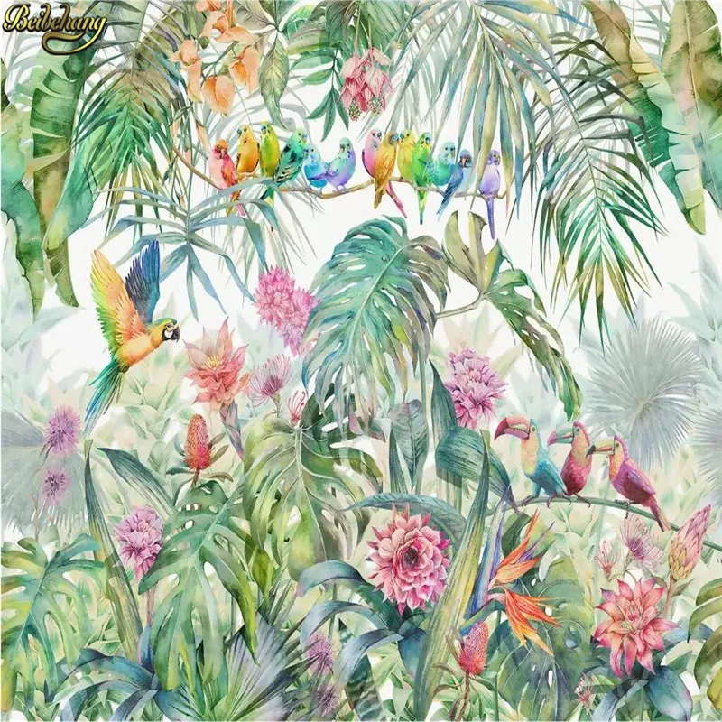 Beibehang – papier peint mural personnalisé, forêt tropicale idyllique américaine, perroquet, tortue, feuille de palmier, pour salon, chambre à coucher, 220927
