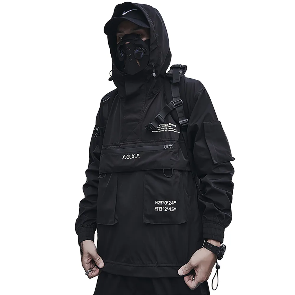 Herrjackor Spring Streetwear Black Combat Multi Pockets Techwear Hooded Windbreaker Jacket Men 220927