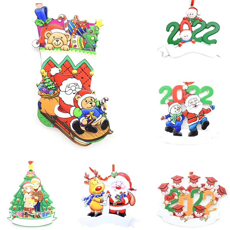 2022 Santa Claus Elk Snowman Christmas ornament Family of 1-7 pendants Home Decoration DIY Name Hard Resin Christmas Tree Decorations Pandemic