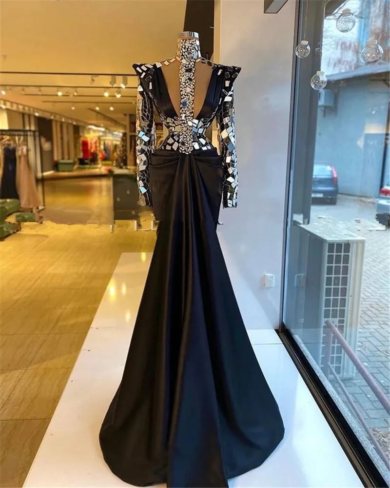 2022 Black Evening Dresses Wear Sparkly Long Sleeves High Neck Illusion Crystal Beading Satin Mermaid Plus Size Formal Party Dress Prom Gowns